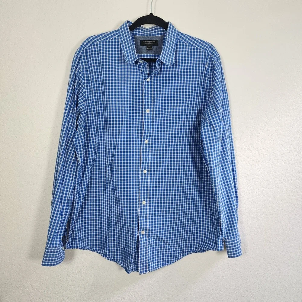Banana Republic Mens Blue Plaid Regular Fit Long Sleeve Button Up Shirt XL